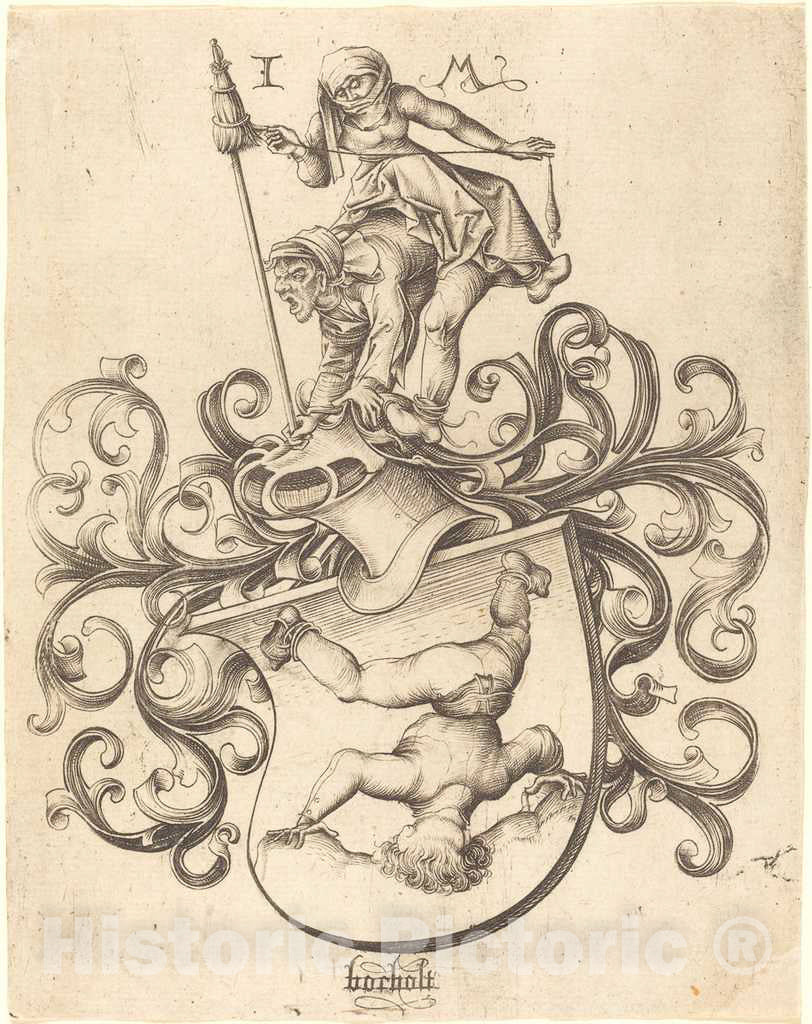 Art Print : Meckenem After Master of The Housebook, Coat of Arms with Tumbling Boy, c.1485 - Vintage Wall Art