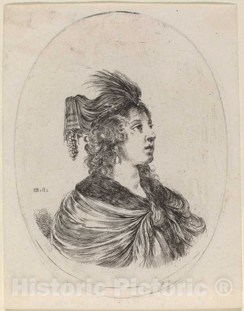 Art Print : Stefano Della Bella, Woman in a Feathered Turban, Turned to The Right, c.1650 - Vintage Wall Art