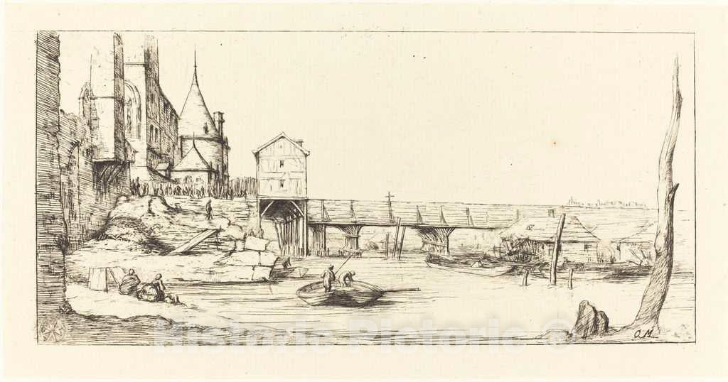 Art Print : Meryon After Stefano Della Bella, Footbridge Temporarily Replacing The Pont-au-Change, Paris, After The Fire of 1621, 1860 - Vintage Wall Art