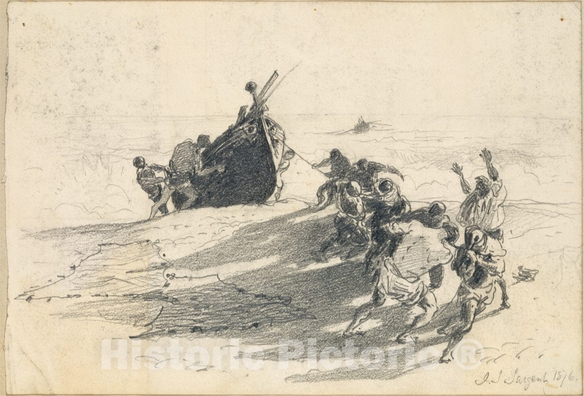 Art Print : John Singer Sargent - Men Hauling Lifeboat onto Beach (from Scrapbook) : Vintage Wall Art