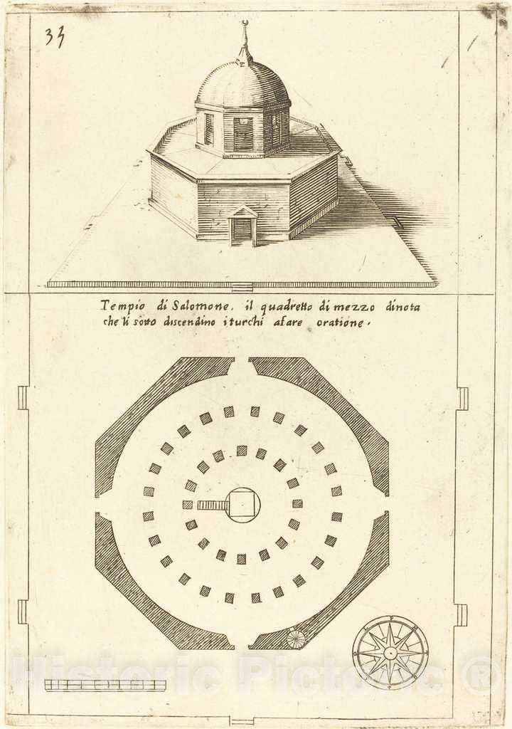 Art Print : Jacques Callot, Plan and Rendering of The Temple of Solomon, 1619 - Vintage Wall Art