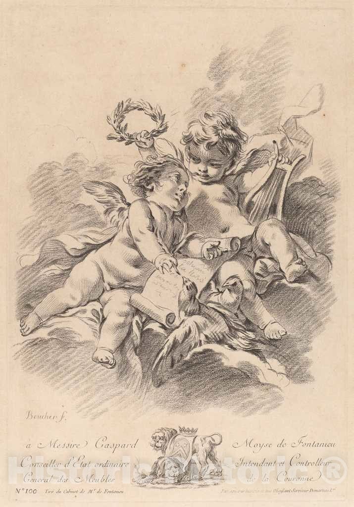 Art Print : Demarteau The Elder After Boucher, Allegory of Music with Two Cherubs and Doves (100) - Vintage Wall Art