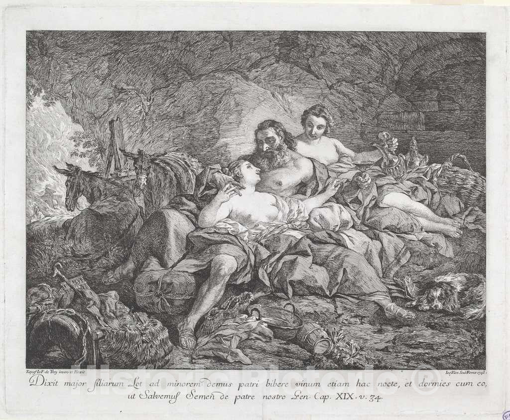 Art Print : Vien After De Troy, Lot and His Daughters, 1748 - Vintage Wall Art