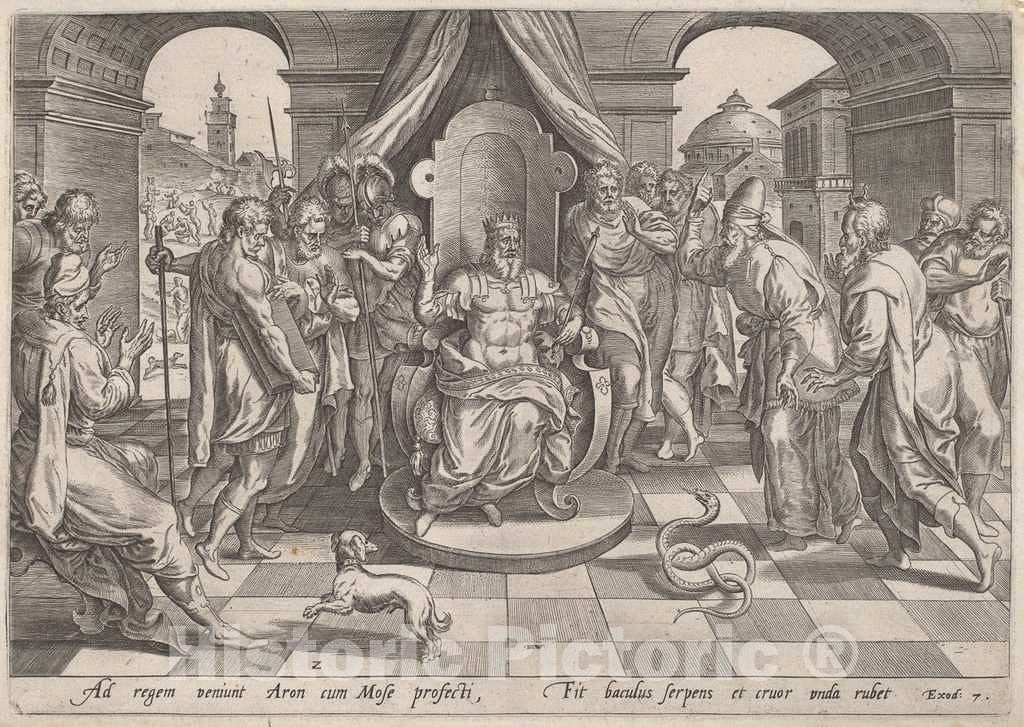 Art Print : Johan Wierix, After Maarten Van Cleef, Moses and Aaron Before The Pharaoh, c.1585 - Vintage Wall Art