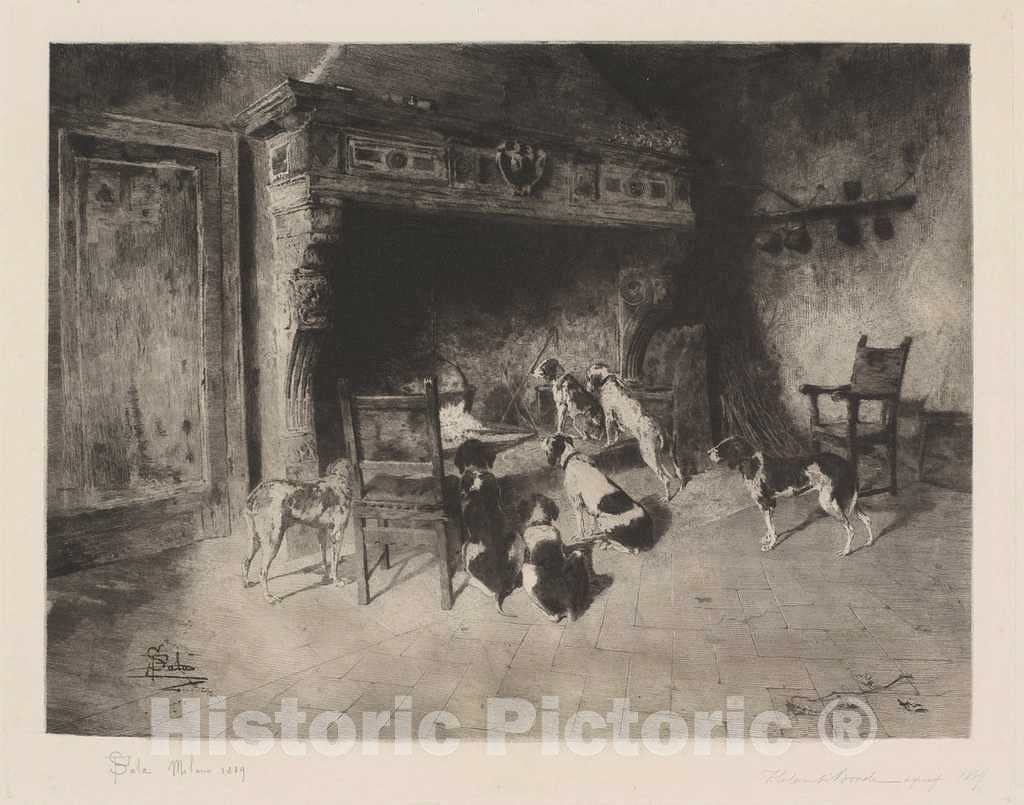 Art Print : Francesco Colombi Borde, Hunting Dogs (Cani di Caccia), 1889 - Vintage Wall Art