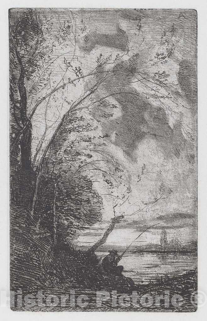 Art Print : Antonio Fontanesi, Fisherman on The Lakeshore [Pescatore Sulla Riva del lago] - Vintage Wall Art