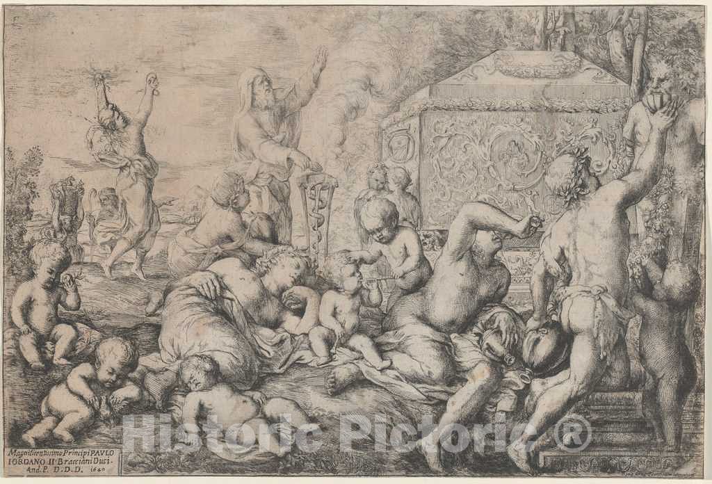 Art Print : Podesta, Bacchanal with Altar, Faun, and Silenus, 1640 - Vintage Wall Art