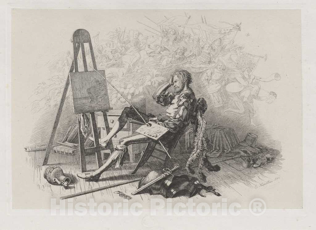 Art Print : Eugen Napoleon Neureuther, Morning After The Masked Ball: Emil Theodor Richter at His Easel, 1840 - Vintage Wall Art