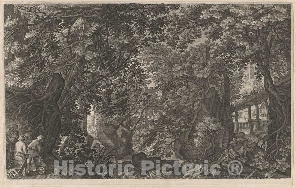 Art Print : Sadeler II After Stevens, Hunters in a Forest Near a Wooden Bridge, c.1608 - Vintage Wall Art