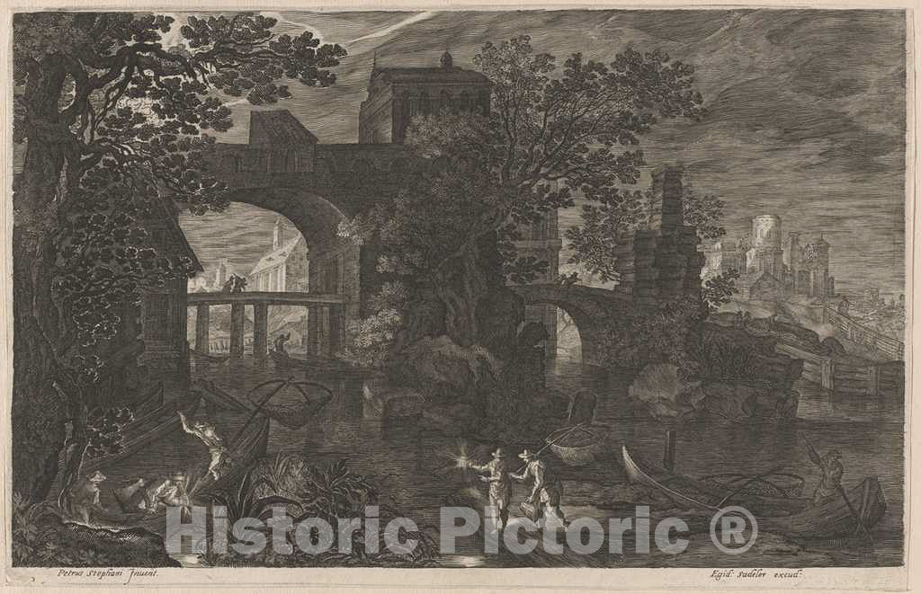 Art Print : Sadeler II After Stevens, Night Fishing Near Fortified Bridges, c.1608 - Vintage Wall Art