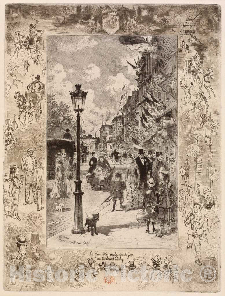 Art Print : FÃ©lix-Hilaire Buhot, National Holiday on The Boulevard de Clichy, 1878 - Vintage Wall Art