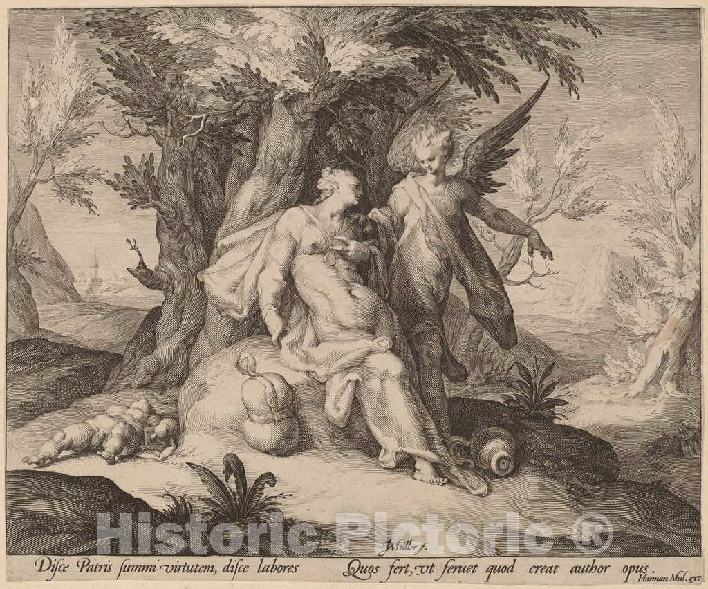 Art Print : Jan Muller, Hagar in The Desert Consoled by an Angel, c.1591 - Vintage Wall Art