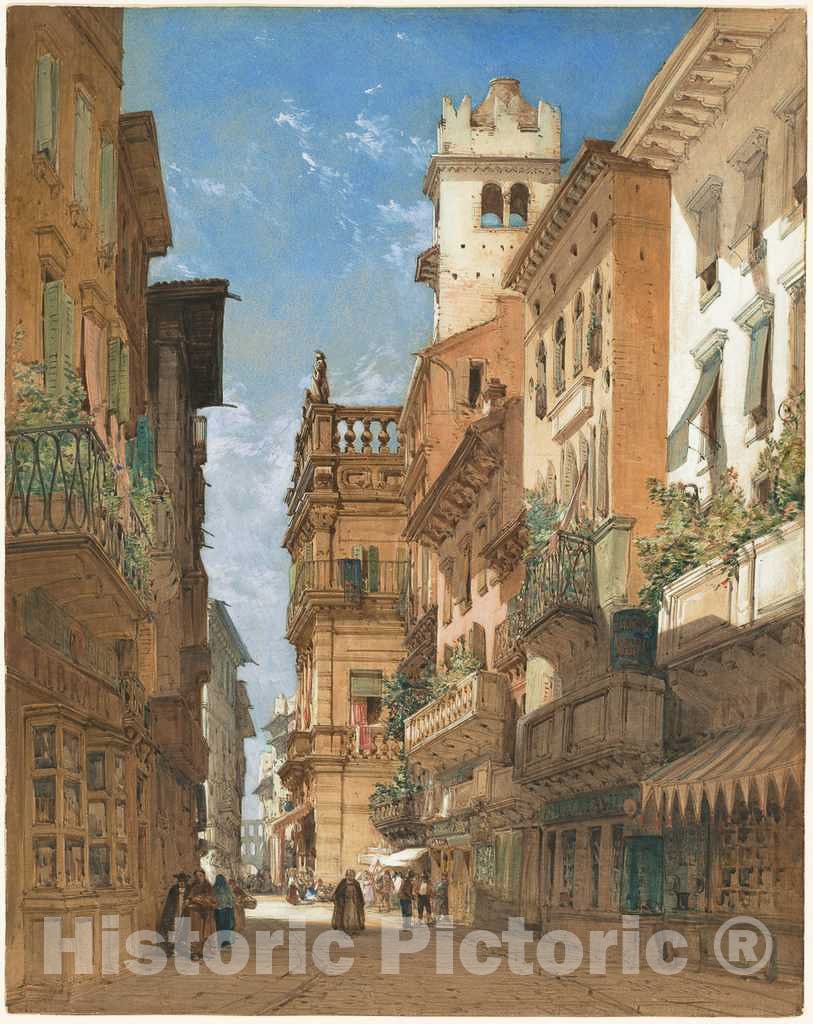 Art Print : William Callow, Corso Sant' Anastasia with The Palazzo Maffei in Verona, 1855 - Vintage Wall Art