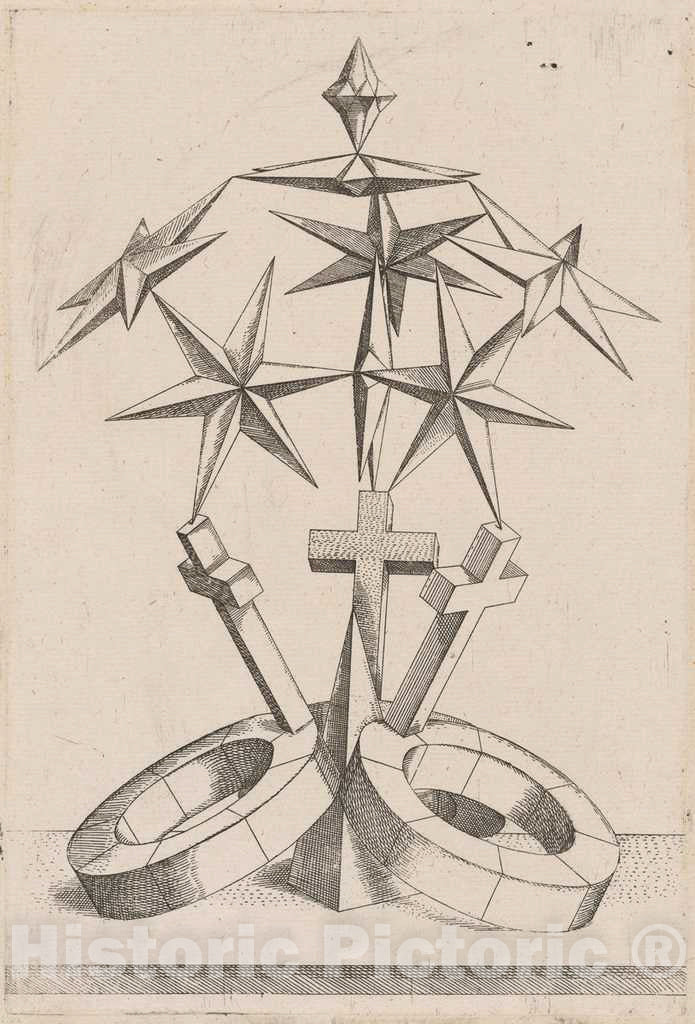 Art Print : Mathis ZÃ¼ndt, After Hans Lencker, A Perspective of Seven Stars Balanced on Three Crosses, 1567 - Vintage Wall Art