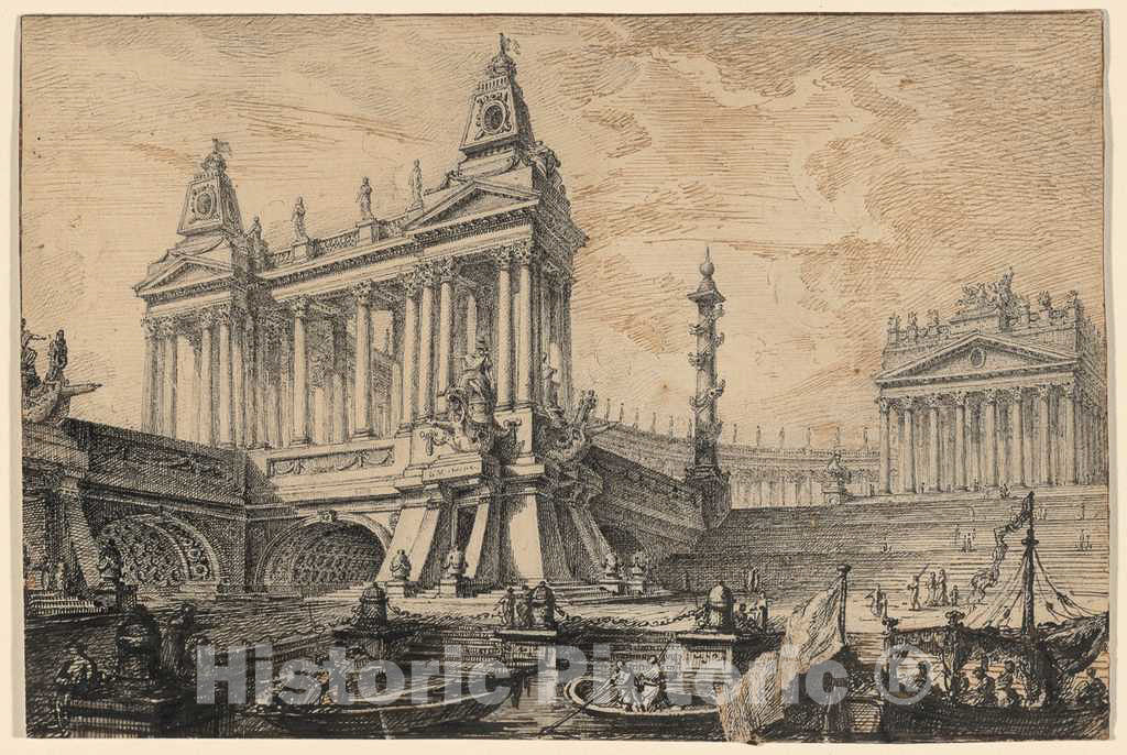 Art Print : Pierre Moreau, Architectural Fantasy of a Magnificent Ancient Port, c. 1750 - Vintage Wall Art