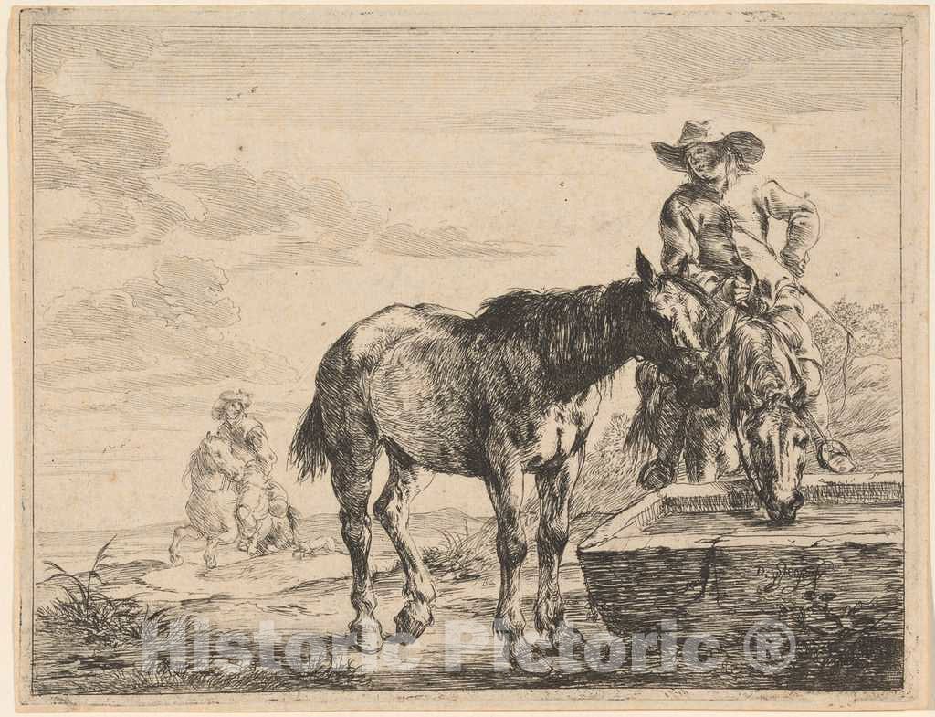 Art Print : Dirck Stoop, Two Horses Drinking at a Trough, 1651 - Vintage Wall Art