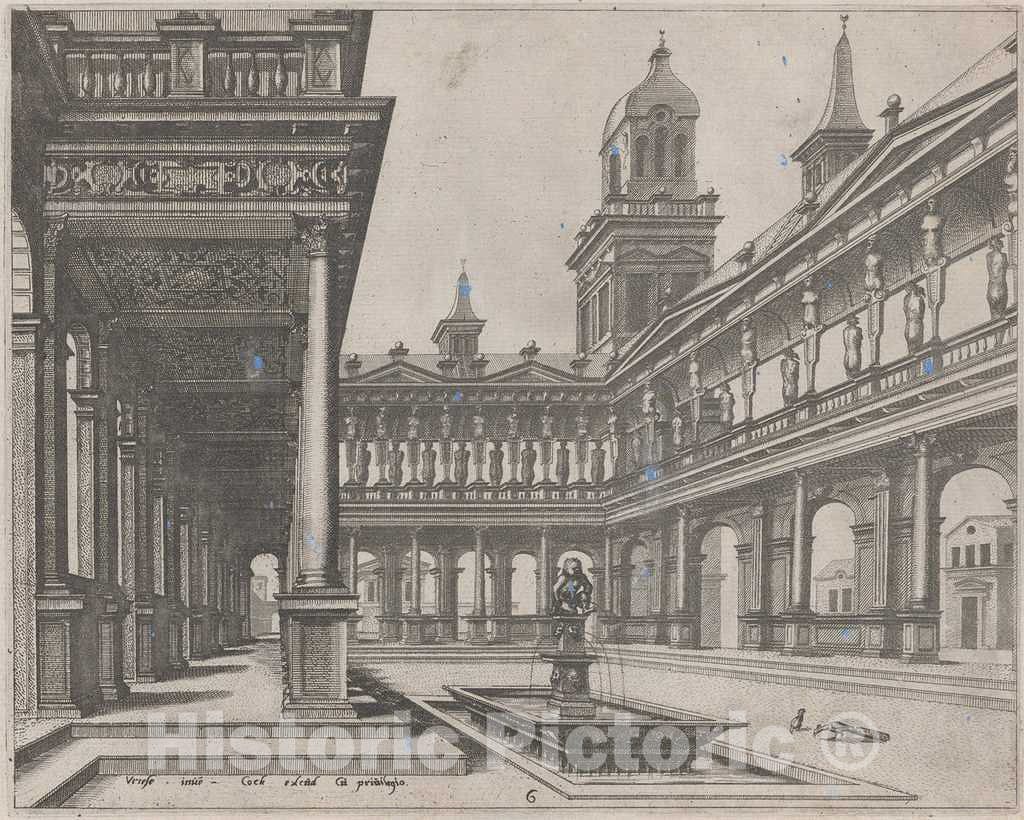 Art Print : Doetechum, The Elder, After De Vries, Palace Courtyard with Fountain in a Rectangular Basin, 1560 - Vintage Wall Art