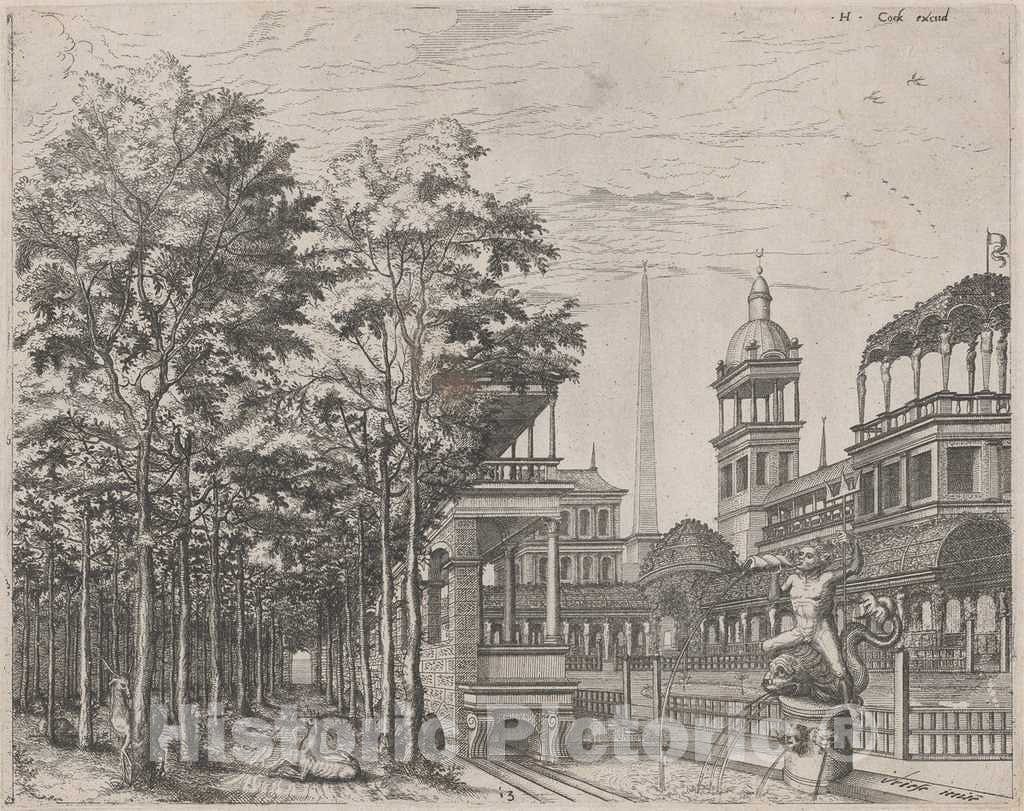 Art Print : Doetechum, The Elder, After De Vries, Landscape with Trees, Two Deer, and a Palace Courtyard, 1560 - Vintage Wall Art