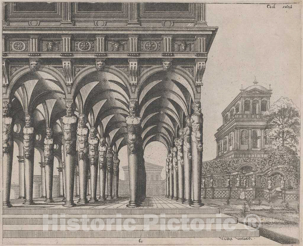 Art Print : Doetechum, The Elder, After De Vries, Loggia with Satyr Terms and a Garden, 1560 - Vintage Wall Art