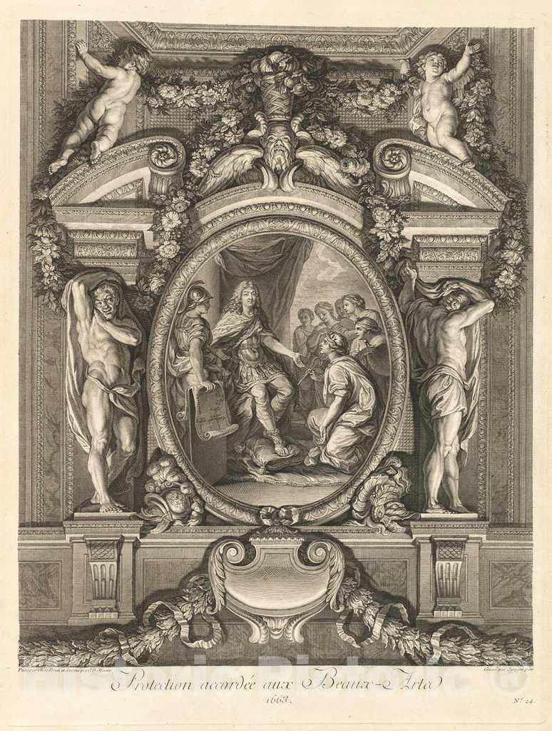 Art Print : MassÃ© After Le Brun, Protection accordÃ©e aux Beaux-Arts 1663 (Protection Accorded to The Fine Arts 1663) [pl. 24], 1752 - Vintage Wall Art
