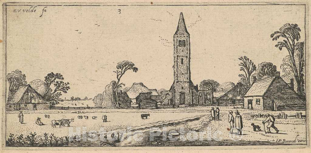 Art Print : Esaias Van de Velde I, Landscape with a Meadow and a Village Church, c. 1615 - Vintage Wall Art