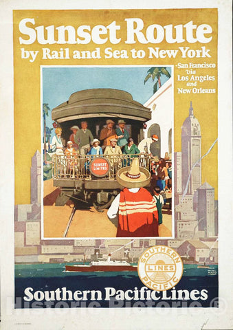 Vintage Poster - Sunset Route by Rail and sea to New York Southern Pacific Lines - Michel Kady., Historic Wall Art