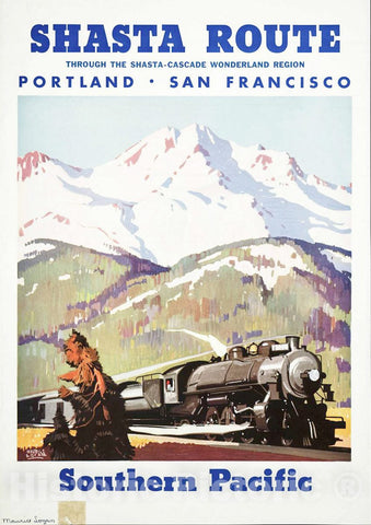 Vintage Poster -  Shasta Route Through The Shasta - Cascade Wonderland Region Southern Pacific -  Maurice Logan., Historic Wall Art