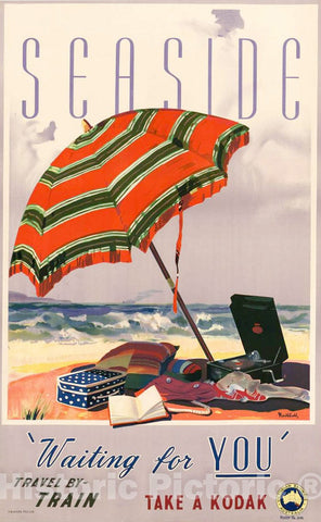 Vintage Poster -  Seaside -  'Waiting for You' Travel by Train ; Take a Kodak -  Northfield., Historic Wall Art