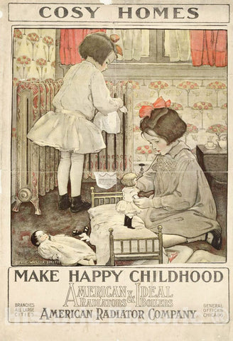 Vintage Poster -  Cosy Homes Make Happy Childhood American Radiators & Ideal Boilers -  Jessie Willcox Smith., Historic Wall Art