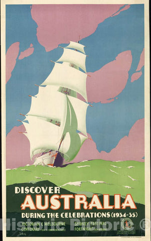Vintage Poster -  Discover Australia During The Celebrations (1934 - 35) Victorian & Melbourne Centenary ; Sydney Festival Fortnight (1934 November) - , Historic Wall Art