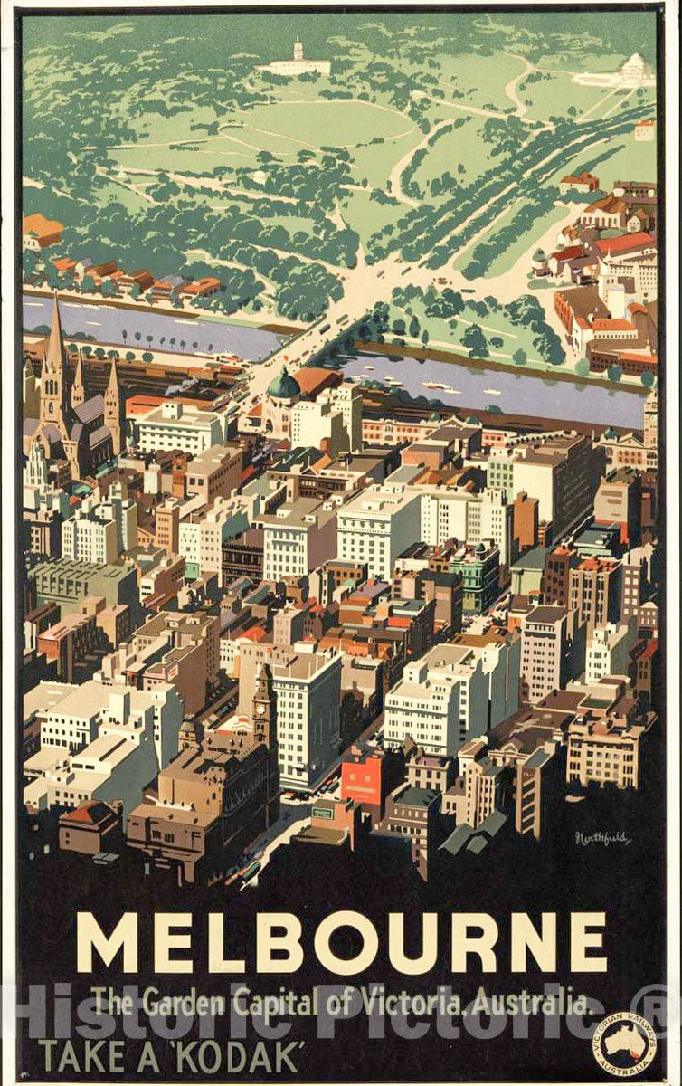 Vintage Poster -  Melbourne The Garden Capital of Victoria, Australia ; Take a Kodak -  Northfield., Historic Wall Art
