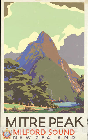 Vintage Poster -  Mitre Peak, Milford Sound, New Zealand, Historic Wall Art