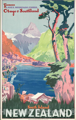 Vintage Poster -  South Island, New Zealand Famous Lakes, Mountains, Fjords. Otago & Southland., Historic Wall Art