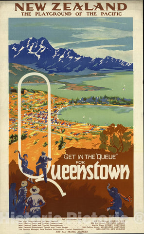 Vintage Poster -  New Zealand -  The Playground of The Pacific Get in The Queue for Queenstown -  Railway Studio., Historic Wall Art