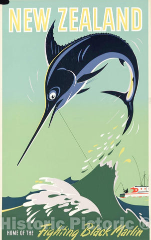 Vintage Poster -  New Zealand Home of The Fighting Black Marlin., Historic Wall Art