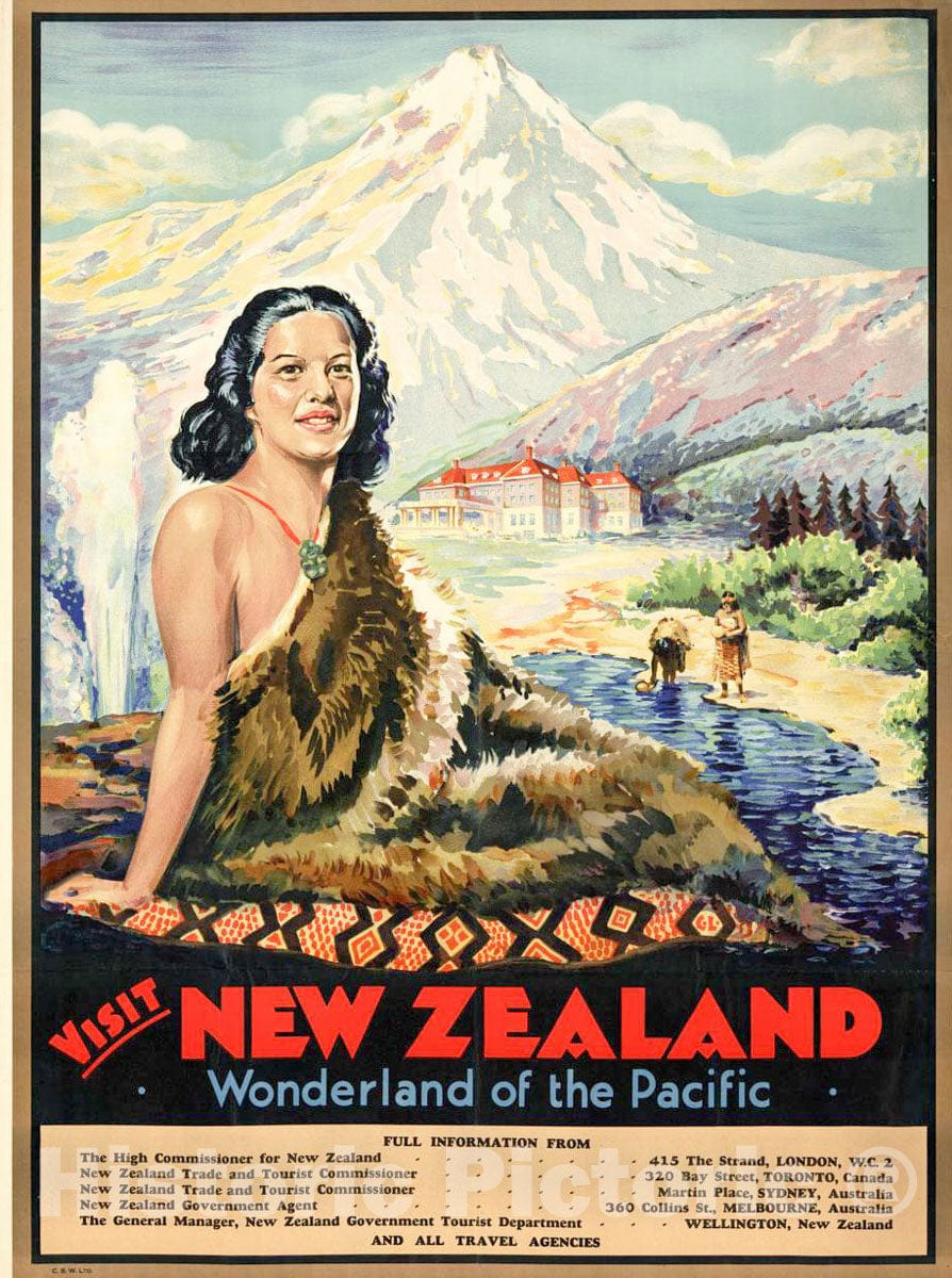 Vintage Poster -  Visit New Zealand Wonderland of The Pacific., Historic Wall Art