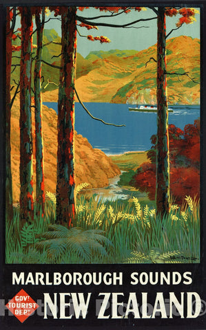 Vintage Poster -  Marlborough Sounds, New Zealand -  L.C. Mitchell., Historic Wall Art