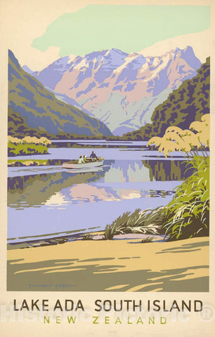Vintage Poster -  Lake Ada, South Island, New Zealand -  Marcus King., Historic Wall Art