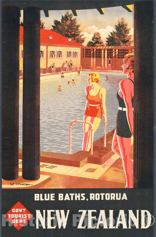 Vintage Poster -  Blue Baths, Rotorua, New Zealand -  L.C. Mitchell., Historic Wall Art