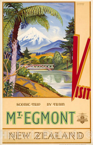 Vintage Poster -  Visit Mt. Egmont, New Zealand Scenic Trip by Train., Historic Wall Art