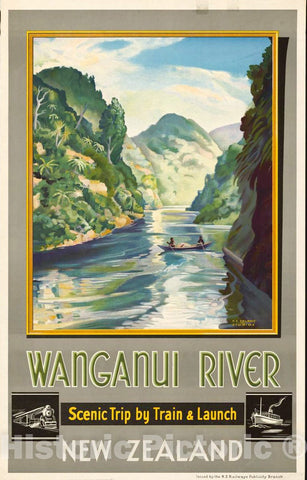Vintage Poster -  Wanganui River, New Zealand Scenic Trip by Train & Launch., Historic Wall Art