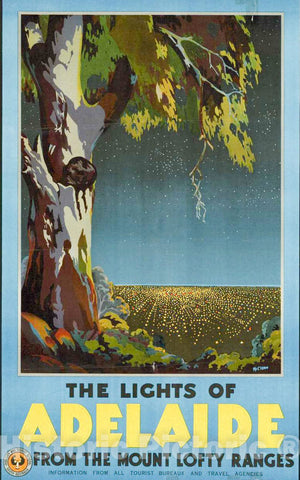 Vintage Poster -  Lights of Adelaide from The Mounty Lofty Ranges Information from All Tourist Bureaux and Travel Agencies -  McClean., Historic Wall Art