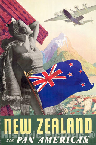 Vintage Poster -  New Zealand via Pan American, Historic Wall Art