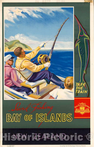 Vintage Poster -  Sword Fishing, Bay of Islands, New Zealand Take The Train., Historic Wall Art