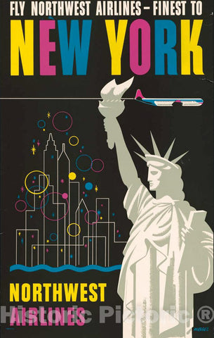Vintage Poster -  Fly Northwest Airlines -  Finest to New York -  Wessel., Historic Wall Art