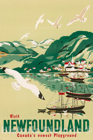 Vintage Poster -  Visit Newfoundland, Canada's Newest Playground, Historic Wall Art
