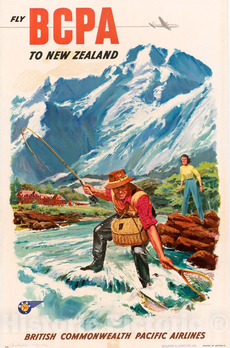 Vintage Poster -  Fly BCPA to New Zealand British Commonwealth Pacific Airlines -  Howland., Historic Wall Art