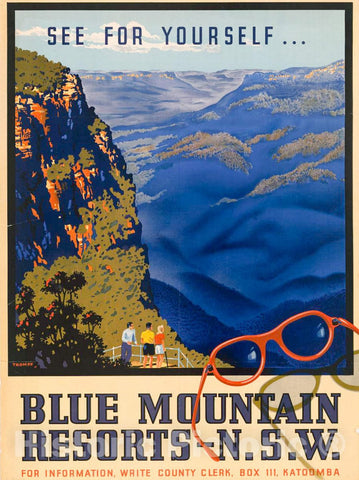 Vintage Poster -  See for Yourself Blue Mountain Resorts -  N.S.W. for Information, Write County Clerk, Box 111, Katoomba -  Trompf., Historic Wall Art