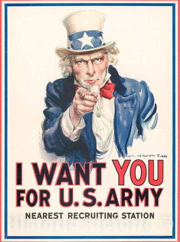 Vintage Poster -  I Want You for U.S. Army : Nearest Recruiting Station -  James Montgomery Flagg., Historic Wall Art