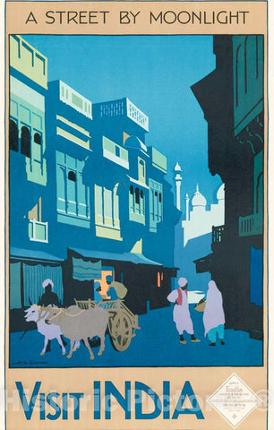 Vintage Poster -  A Street by Moonlight -  Visit India -  H.G. Gawthorn., Historic Wall Art